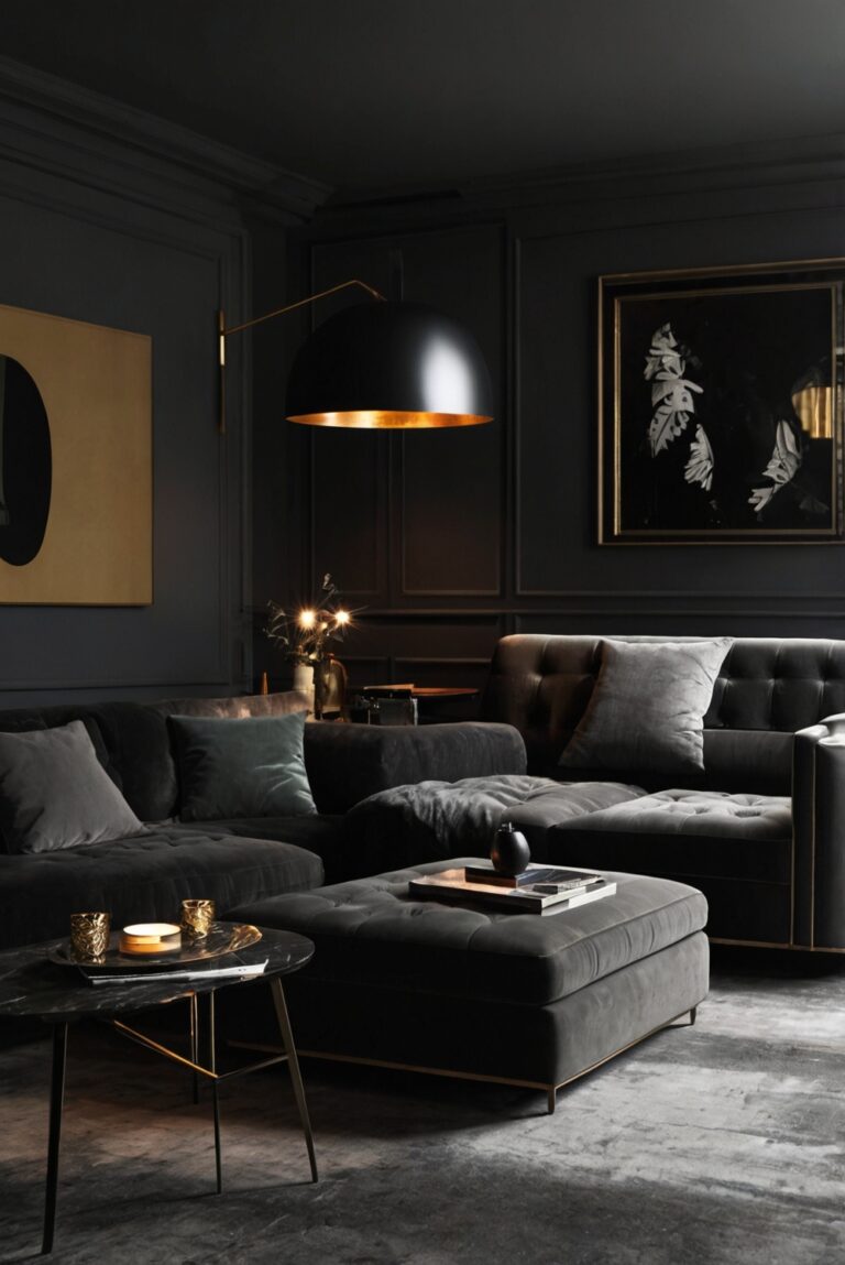 modern living room decor, black furniture, home decor ideas, stylish interior design, contemporary living room