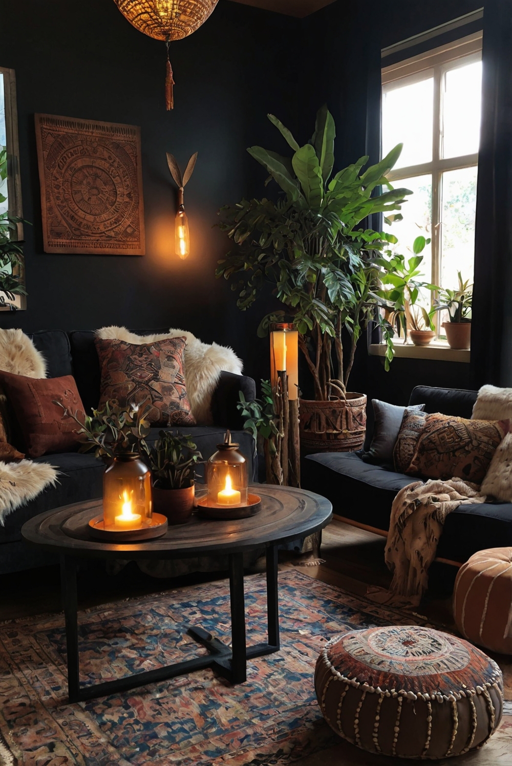 Dark boho decor ideas, Bohemian living room design, Stylish boho interior, Modern boho decorating, Eclectic home decor