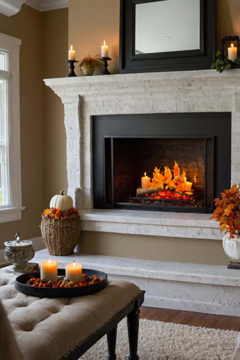 Fireplace mantel decor, Fall mantel ideas, Fireplace mantel designs, Mantel decorating tips, Mantel decoration inspo