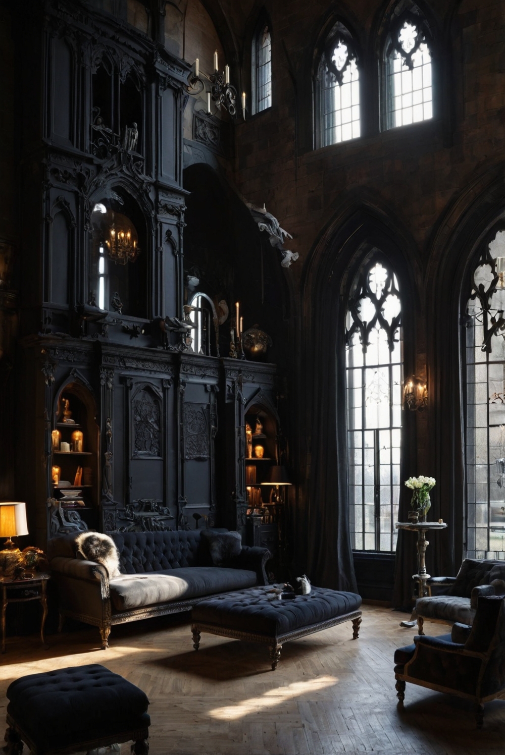 Gothic living room decor, Gothic furniture, Dark living room, Haunted house decor, Victorian living room