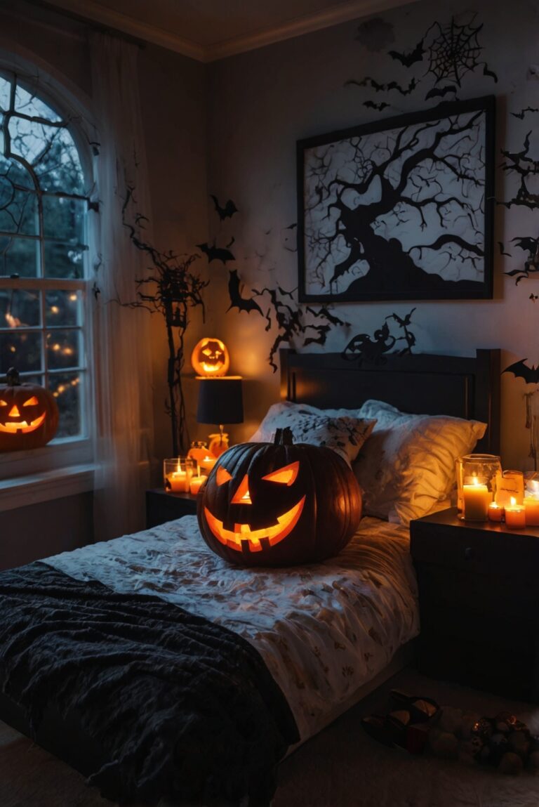 Halloween bedroom decor, Spooky bedroom ideas, Halloween bedding, Halloween themed bedroom, Scary bedroom decorations