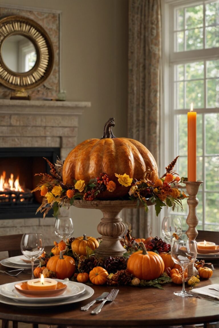 Thanksgiving home decor, stylish Thanksgiving decorations, Thanksgiving table setting, elegant Thanksgiving centerpieces, festive Thanksgiving mantel decor