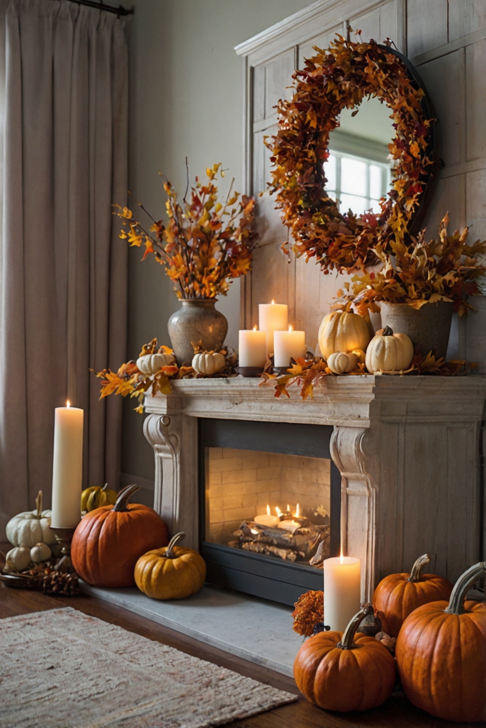 Fall mantle decor, Autumn home decor, Cozy fireplace decorations, Fall mantelpiece inspiration, Seasonal home styling