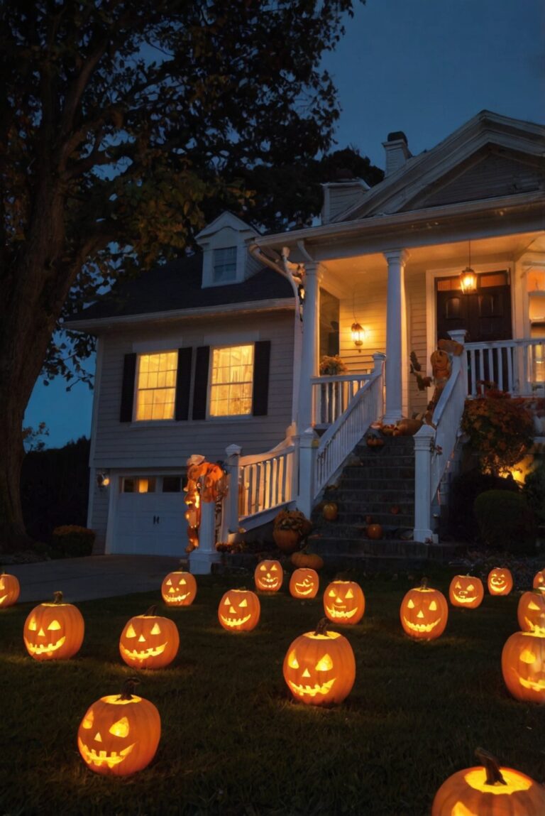 Halloween decorations, Outdoor decor, Spooky display, Front yard, Halloween lights