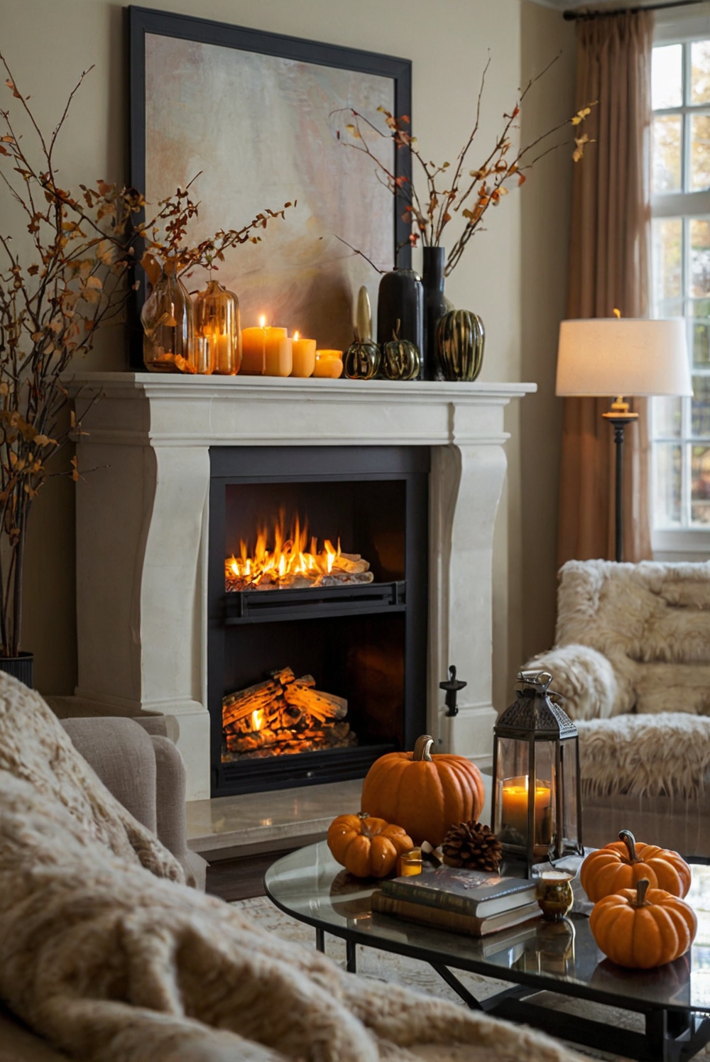 Fall fireplace decor, Cozy fireplace ideas, Autumn mantle decorations, Fireplace makeover, Seasonal hearth design